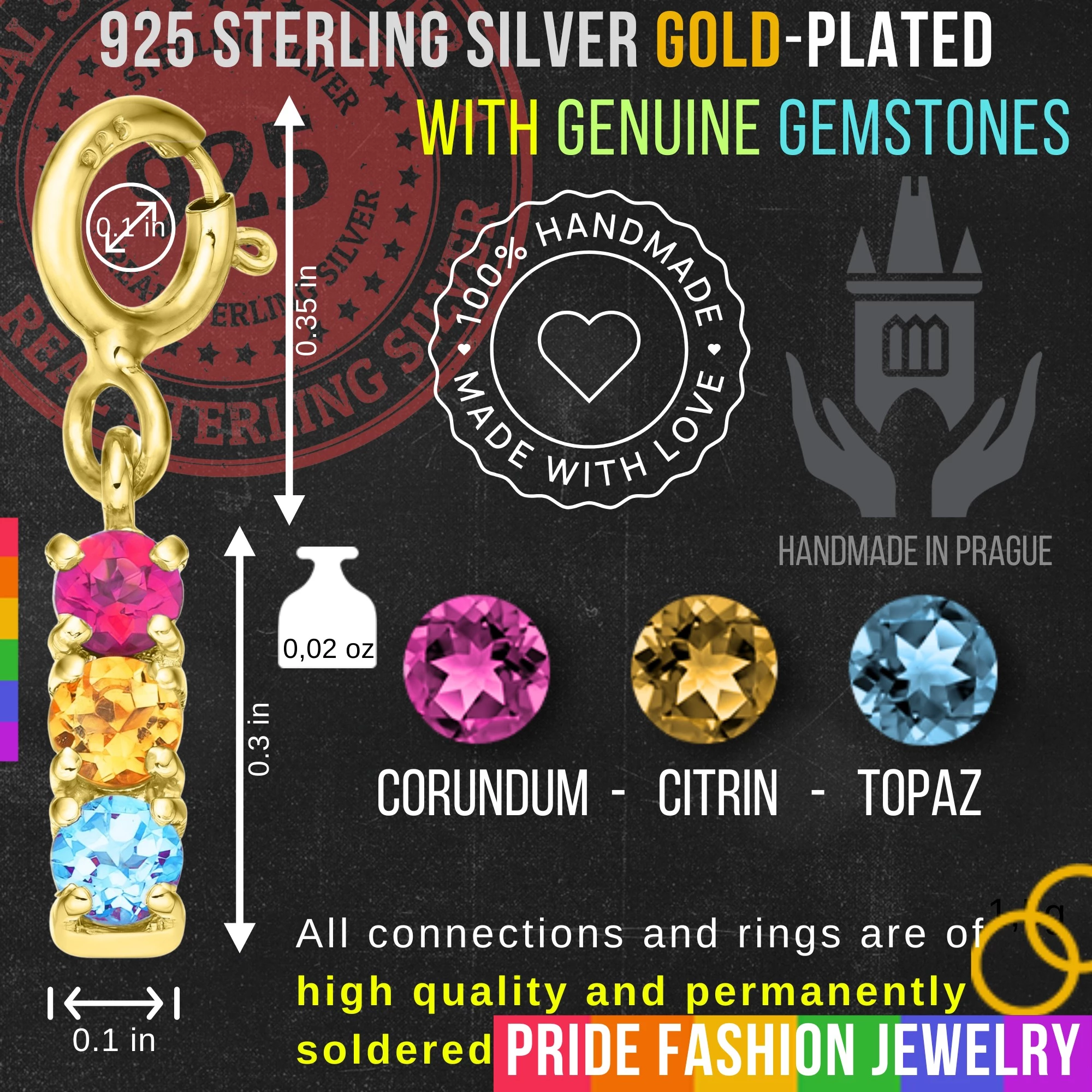 Pansexual 925 Sterling Silver Charm Flag Necklace with Spring Clasp (Gold Plated) – 3 Gems