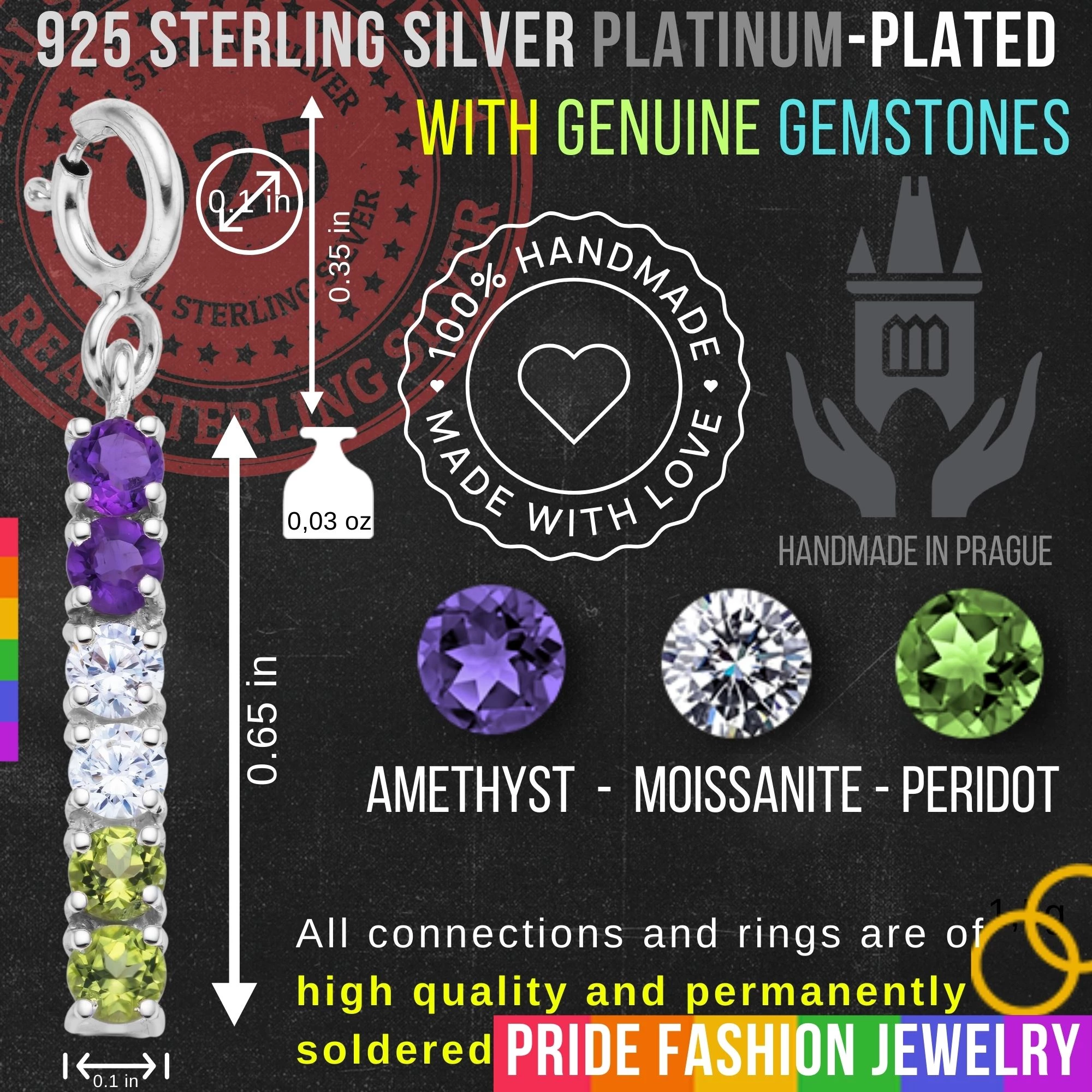 Genderqueer 925 Sterling Silver Charm Flag Necklace with Spring Clasp (Platinum Plated) – 6 Gems