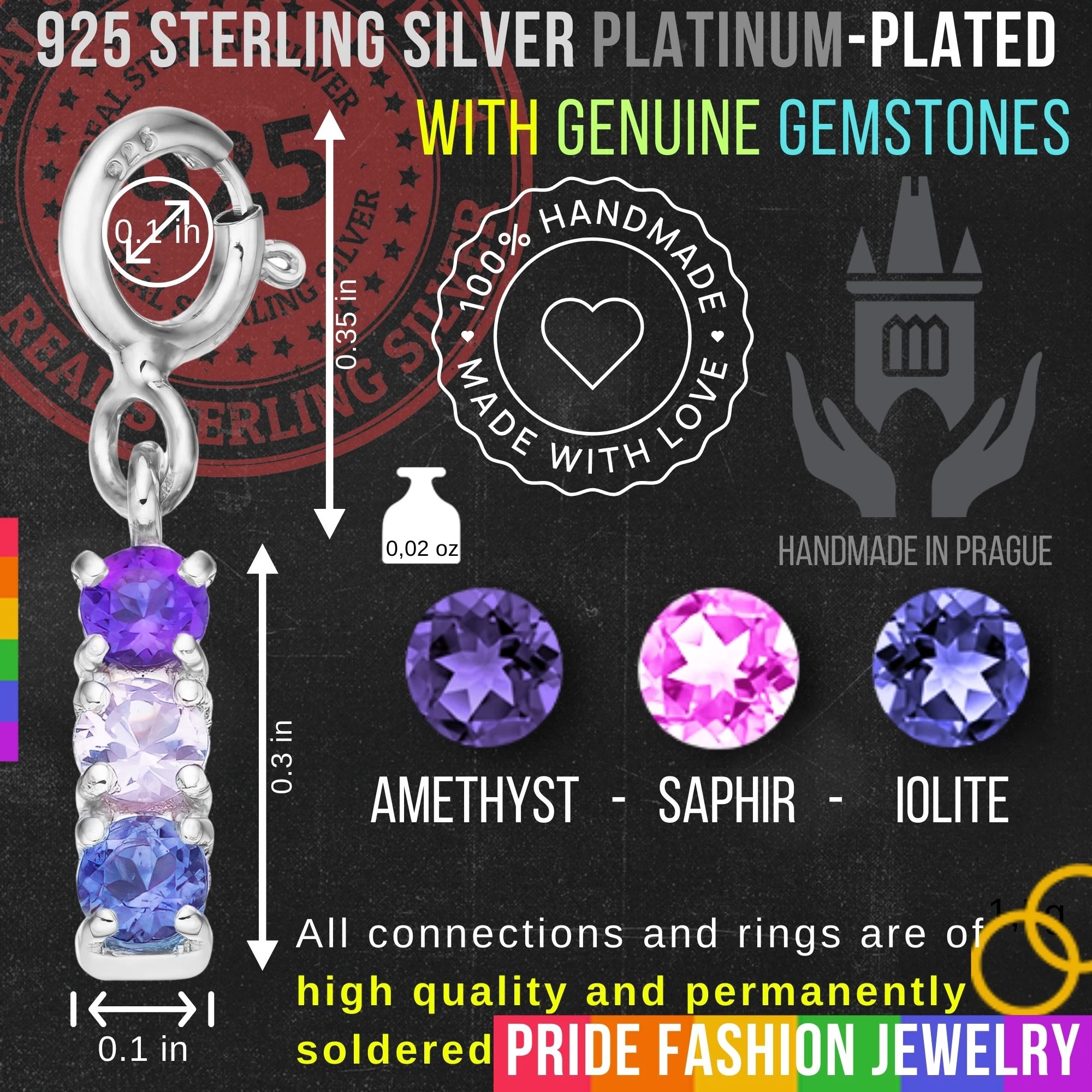 Bisexual 925 Sterling Silver Charm Flag Necklace with Spring Clasp (Platinum Plated) – 3 Gems