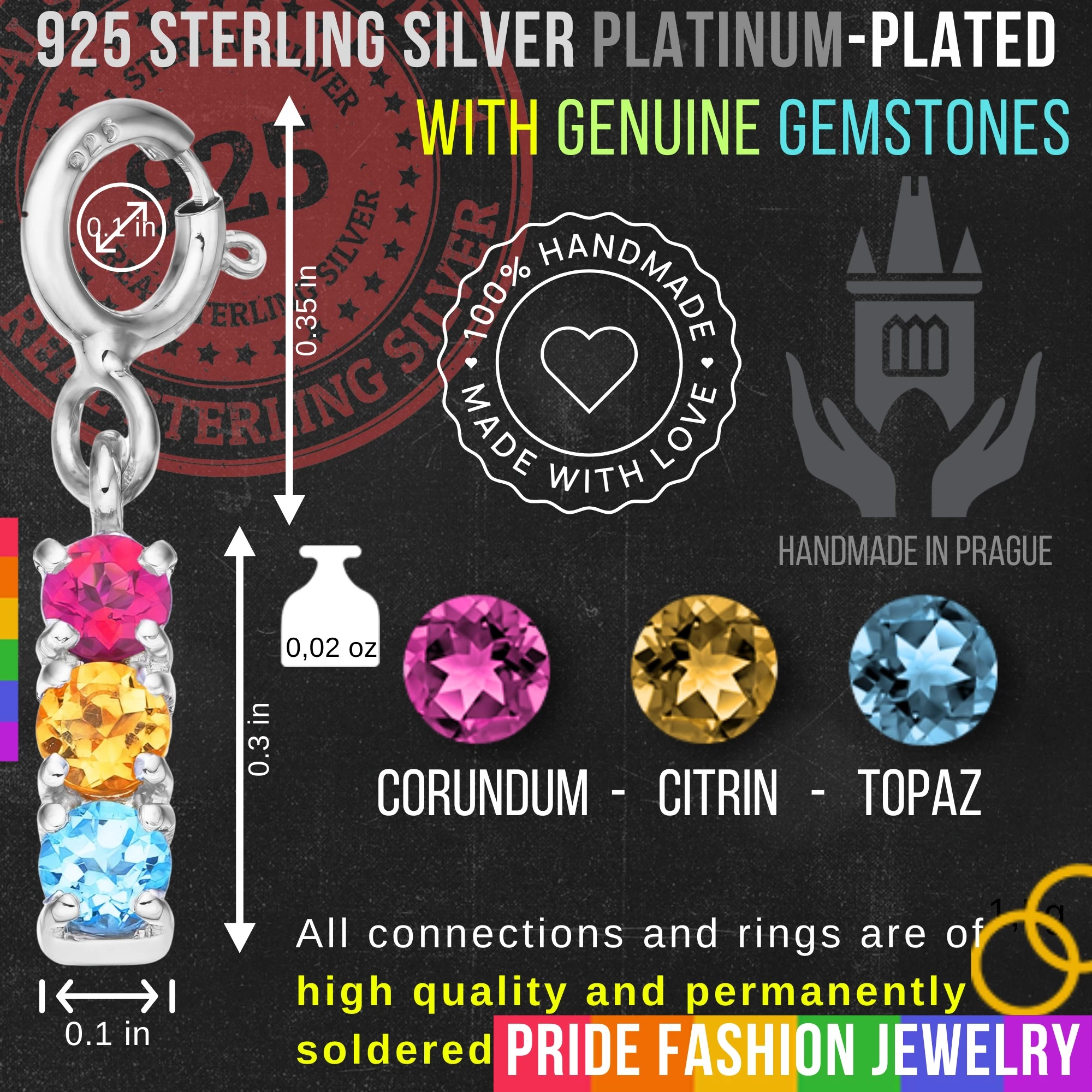 Pansexual 925 Sterling Silver Charm Flag Necklace with Spring Clasp (Platinum Plated) – 3 Gems