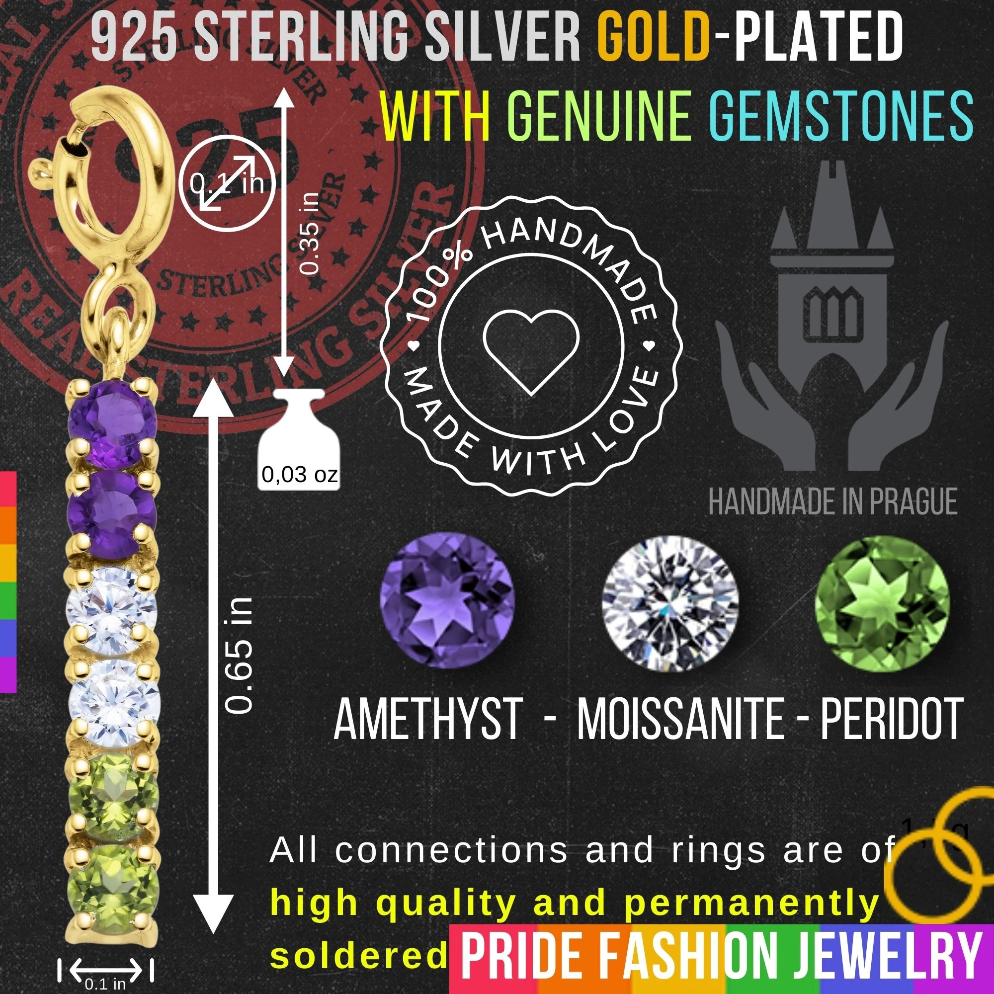 Genderqueer 925 Sterling Silver Charm Flag Necklace with Spring Clasp (Gold Plated) – 6 Gems