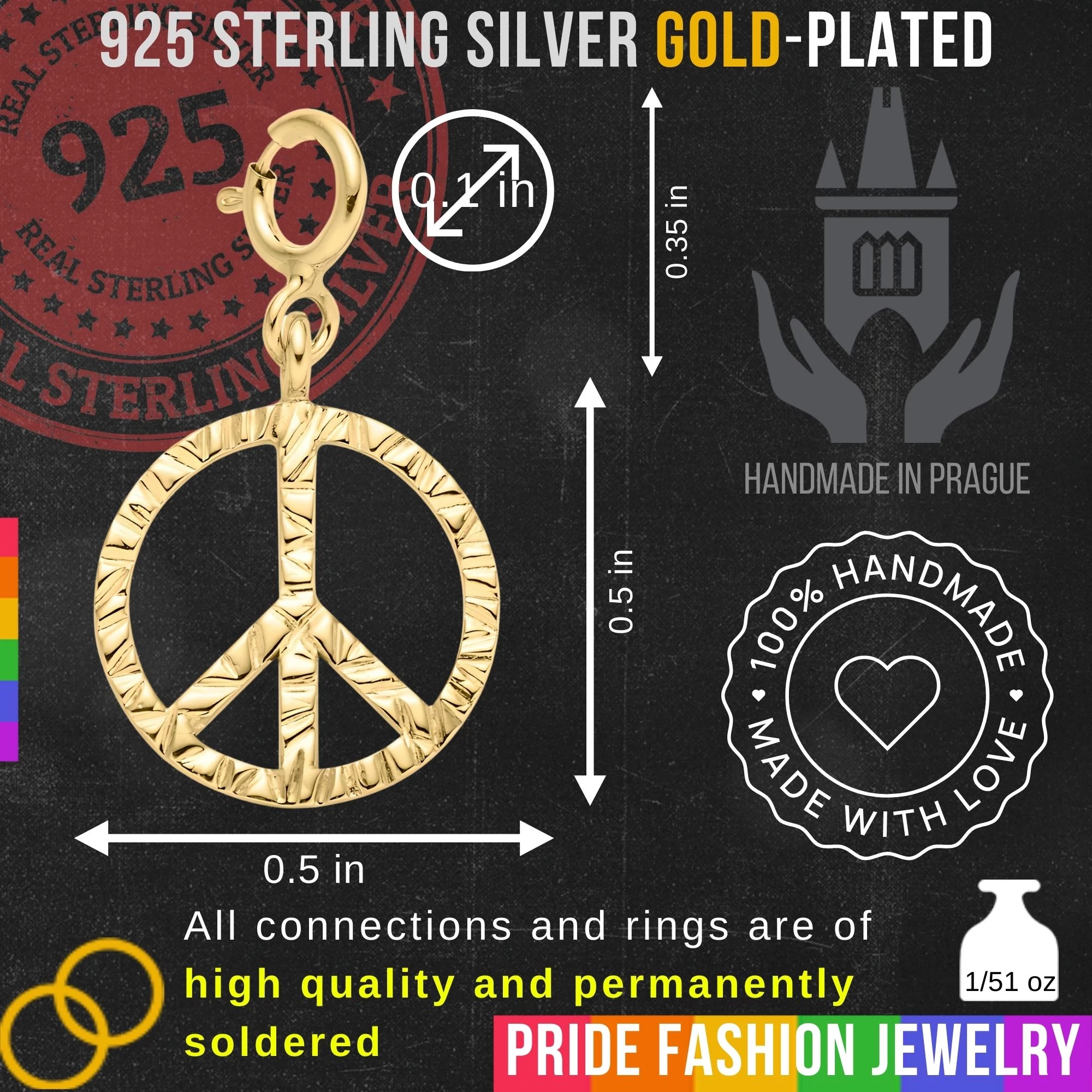 Peace 925 Sterling Silver Charm Necklace with Spring Clasp – Small (Gold Plated)