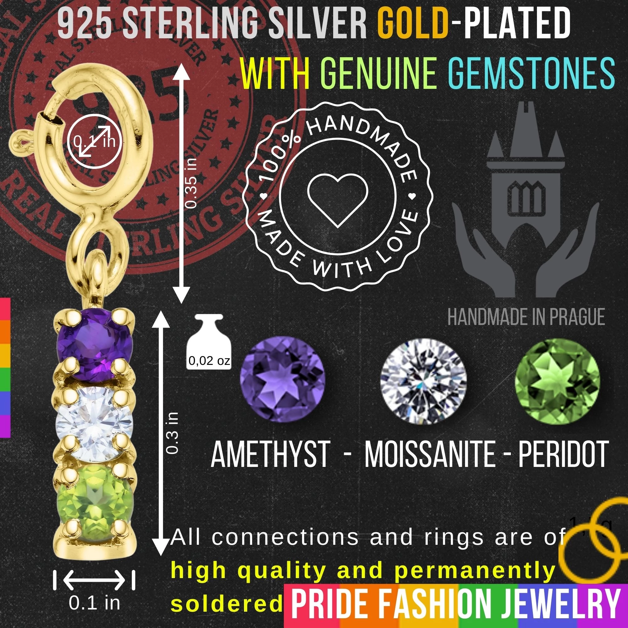 Genderqueer 925 Sterling Silver Charm Flag Necklace with Spring Clasp (Gold Plated) – 3 Gems