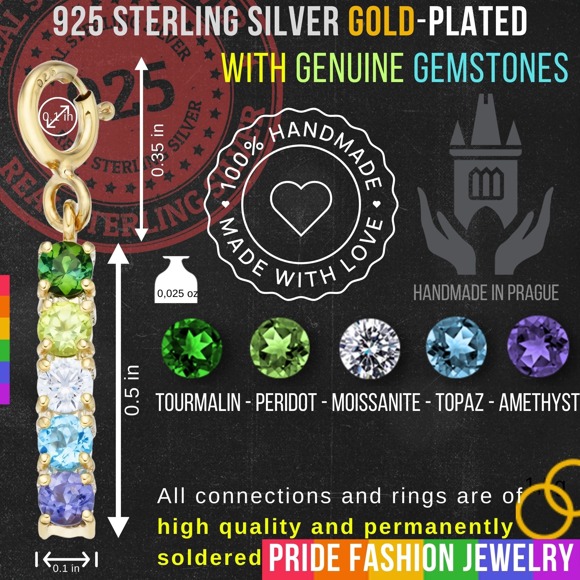 Gay 925 Sterling Silver Charm Flag Necklace with Spring Clasp (Gold Plated) – 5 Gems