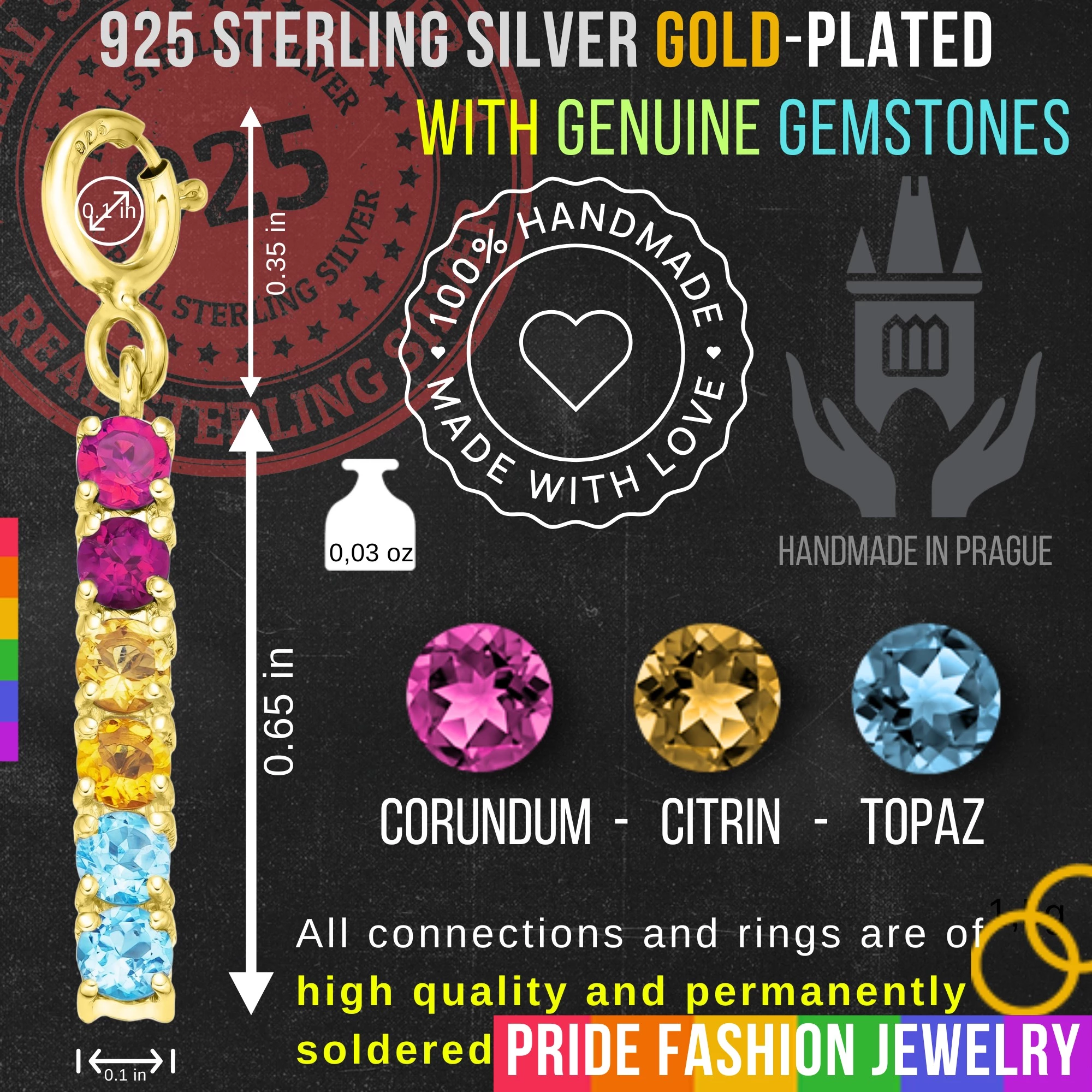 Pansexual 925 Sterling Silver Charm Flag Necklace with Spring Clasp (Gold Plated) – 6 Gems