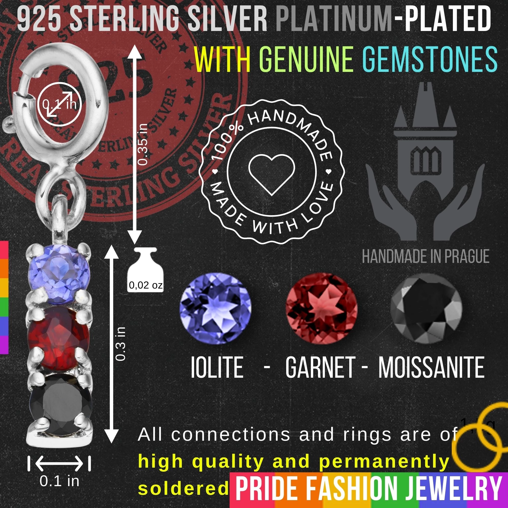 Polyamory 925 Sterling Silver Charm Flag Necklace with Spring Clasp (Platinum Plated) – 3 Gems