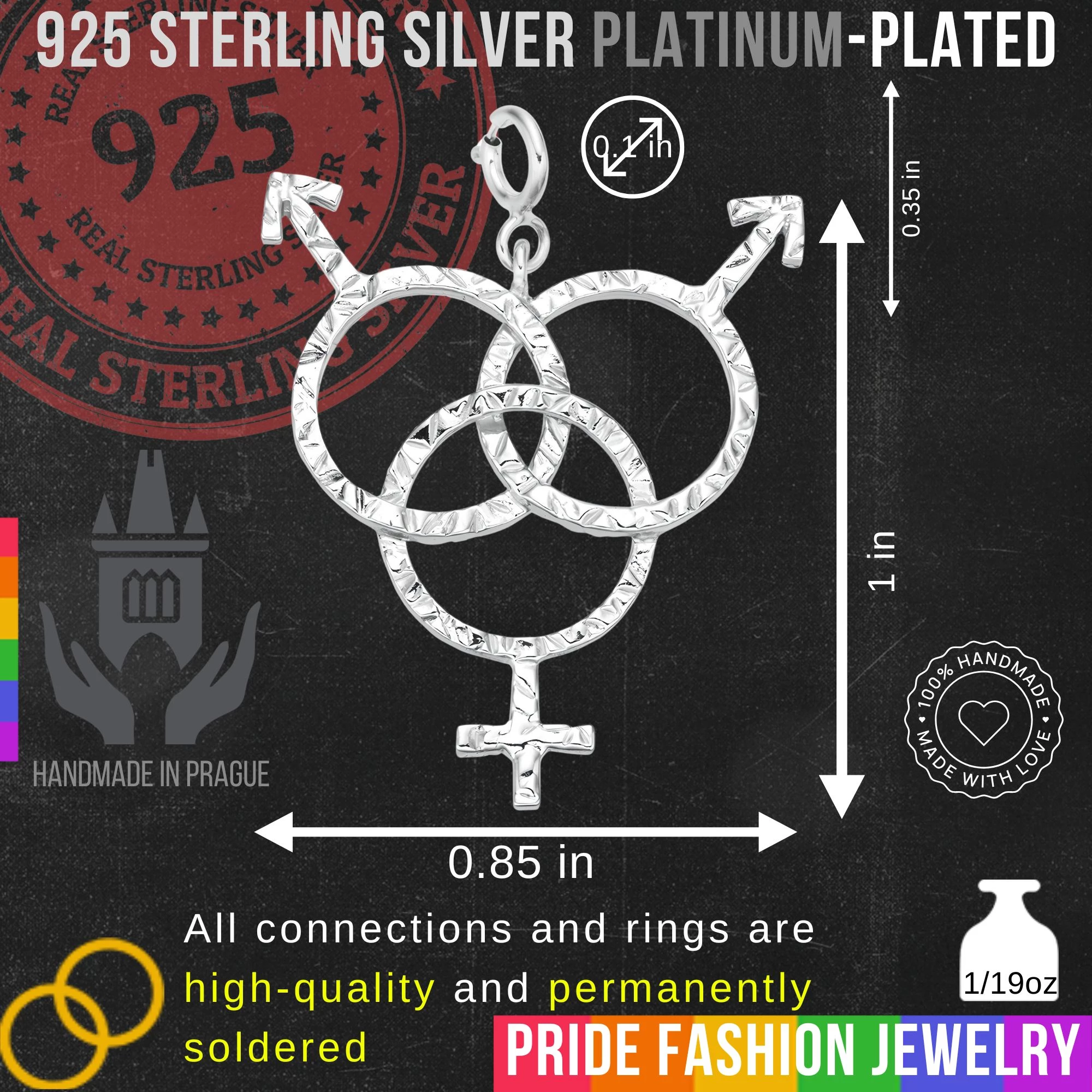 BiSexual 925 Sterling Silver Charm Necklace with Spring Clasp v1 (Platinum Plated)