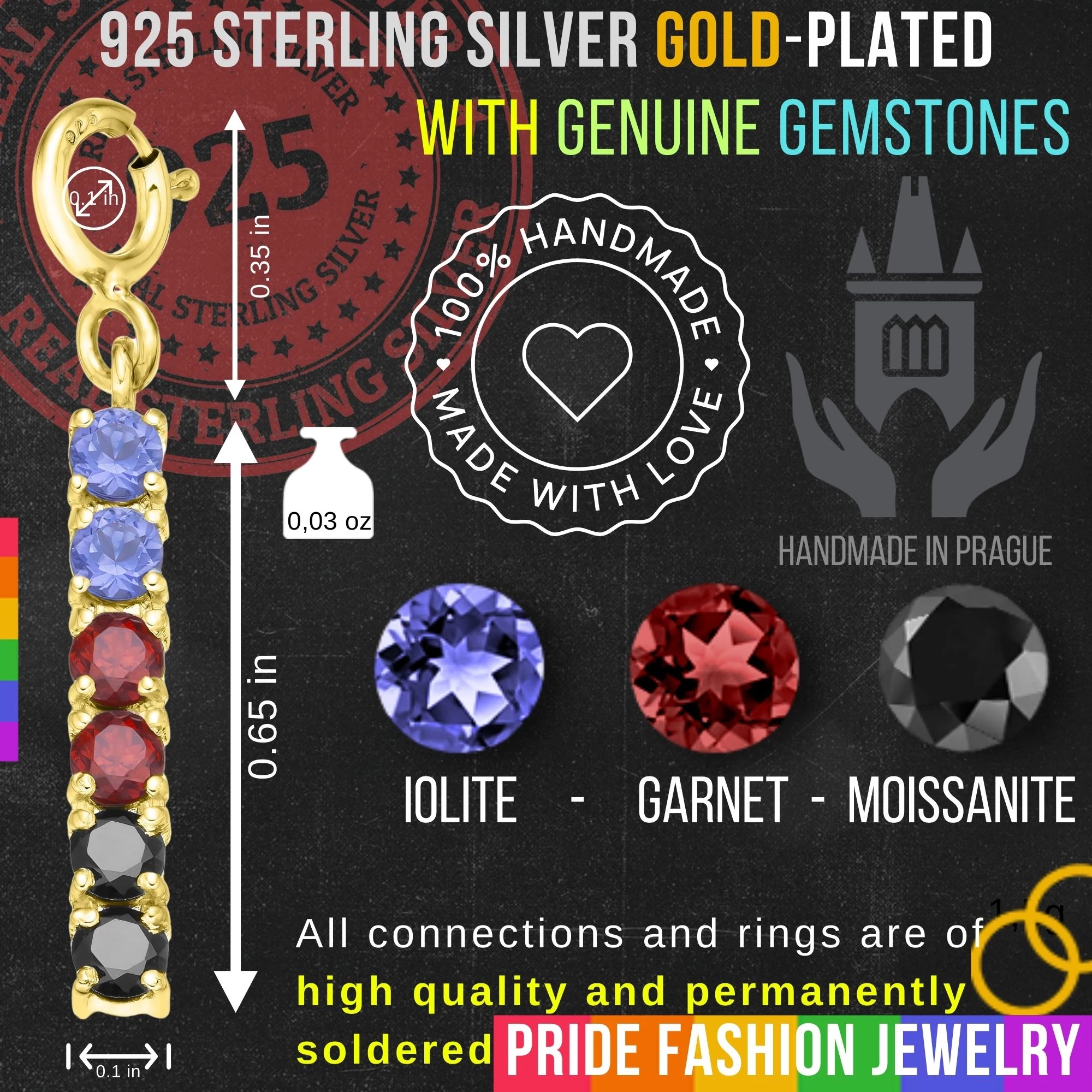 Polyamory 925 Sterling Silver Charm Flag Necklace with Spring Clasp (Gold Plated) – 6 Gems