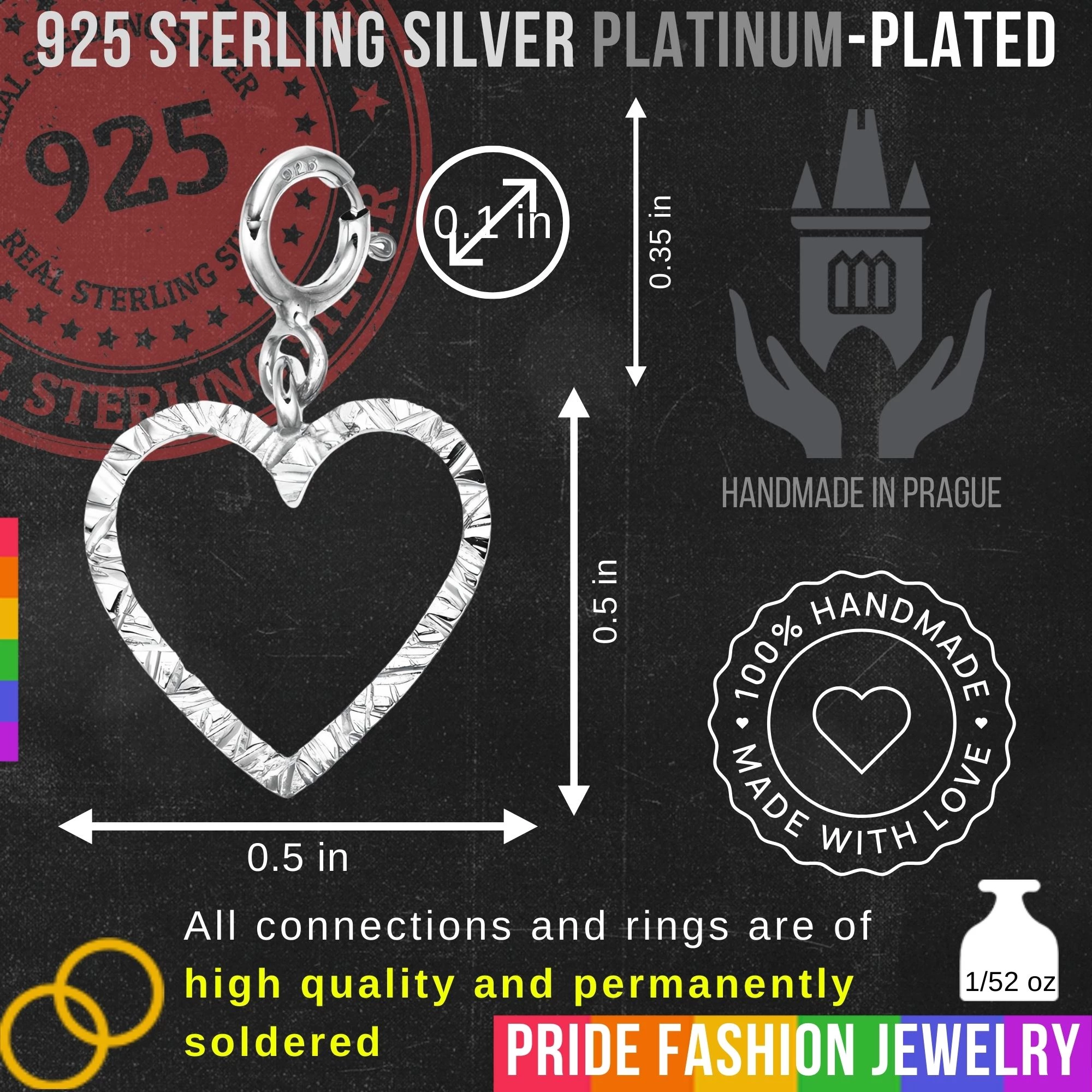 Heart 925 Sterling Silver Charm Necklace with Spring Clasp – Small (Platinum Plated)