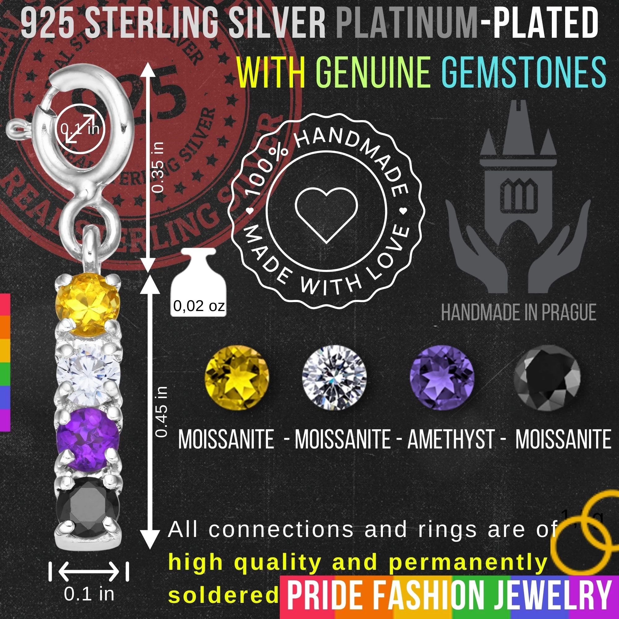 Non-Binary 925 Sterling Silver Charm Flag Necklace with Spring Clasp (Platinum Plated) – 4 Gems