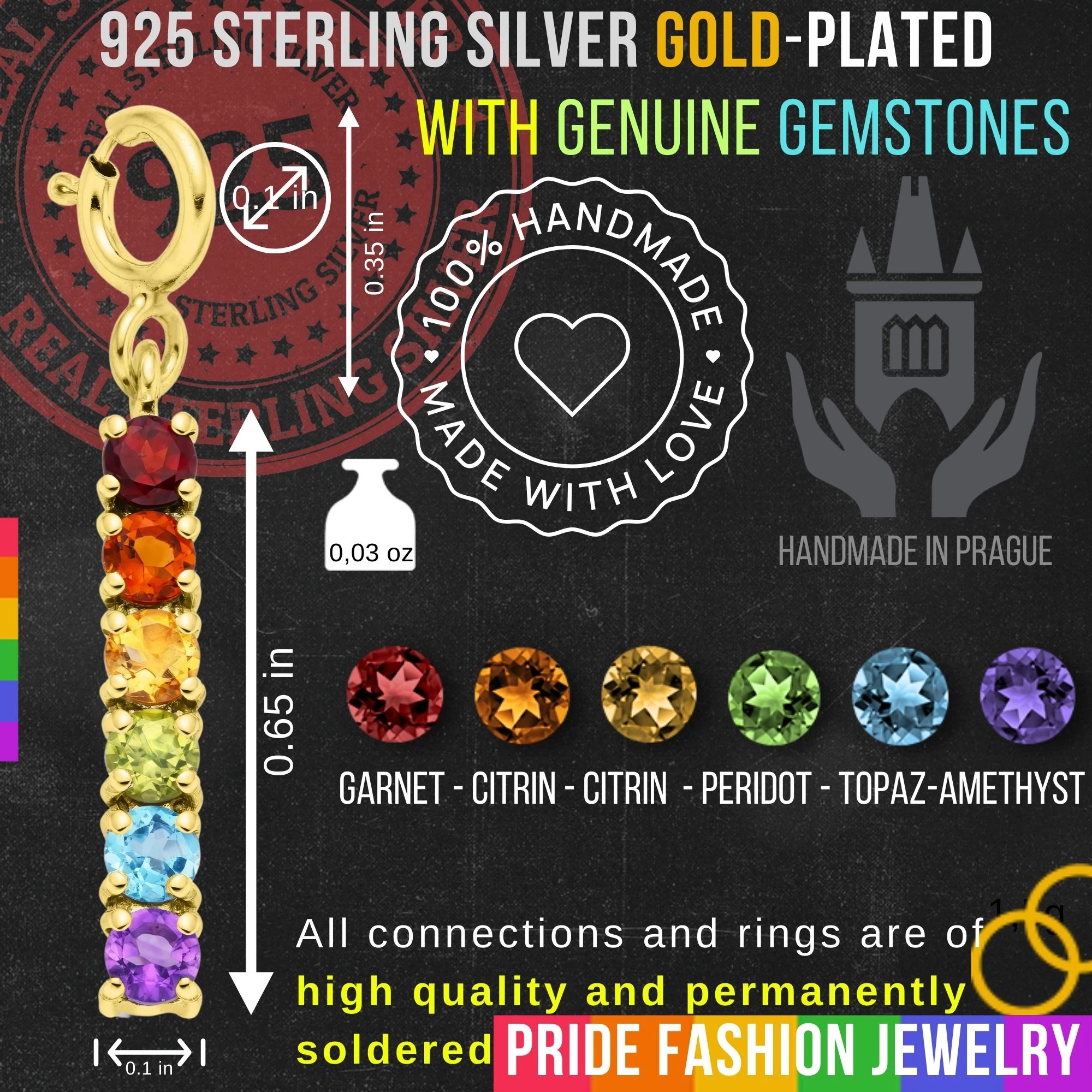 LGBTQ+ 925 Sterling Silver Charm Flag Necklace with Spring Clasp (Gold Plated) – 6 Gems