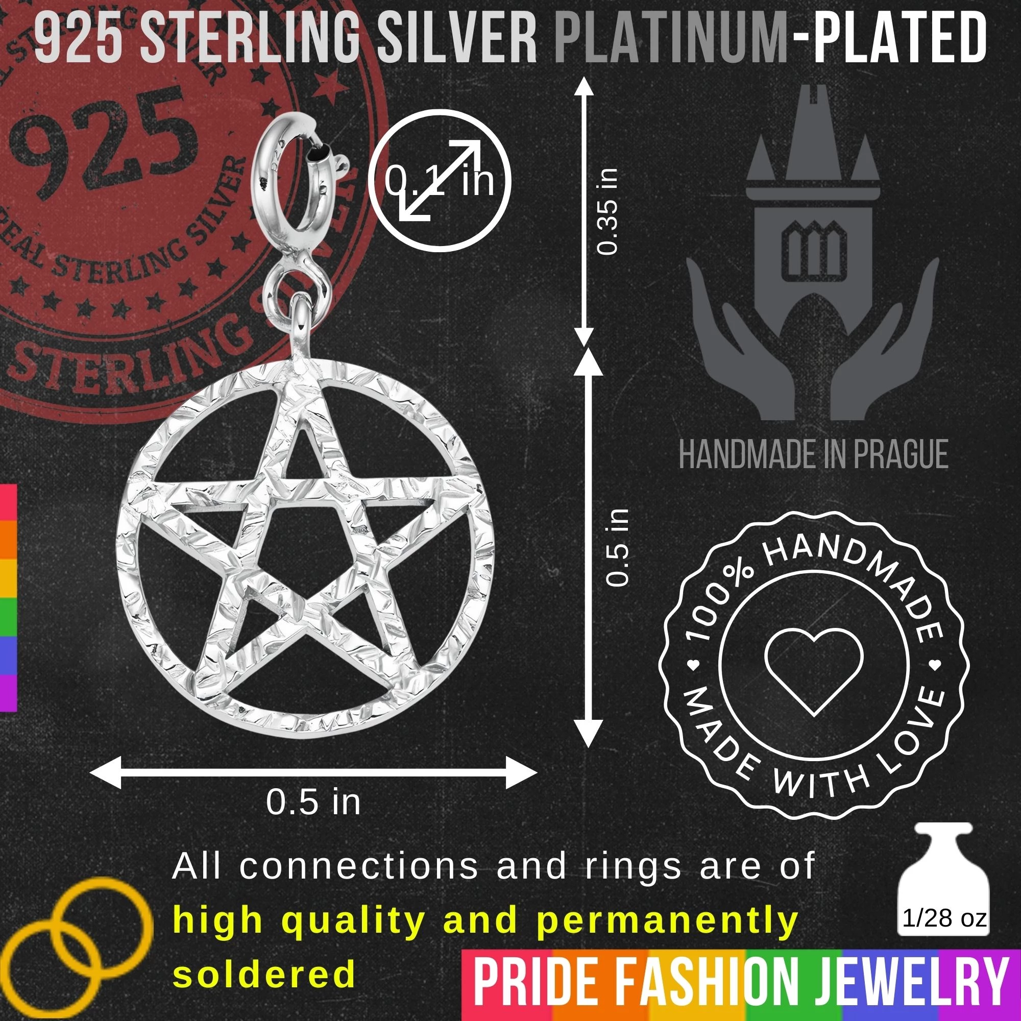 Pentagram 925 Sterling Silver Charm Necklace with Spring Clasp – Small (Platinum Plated)
