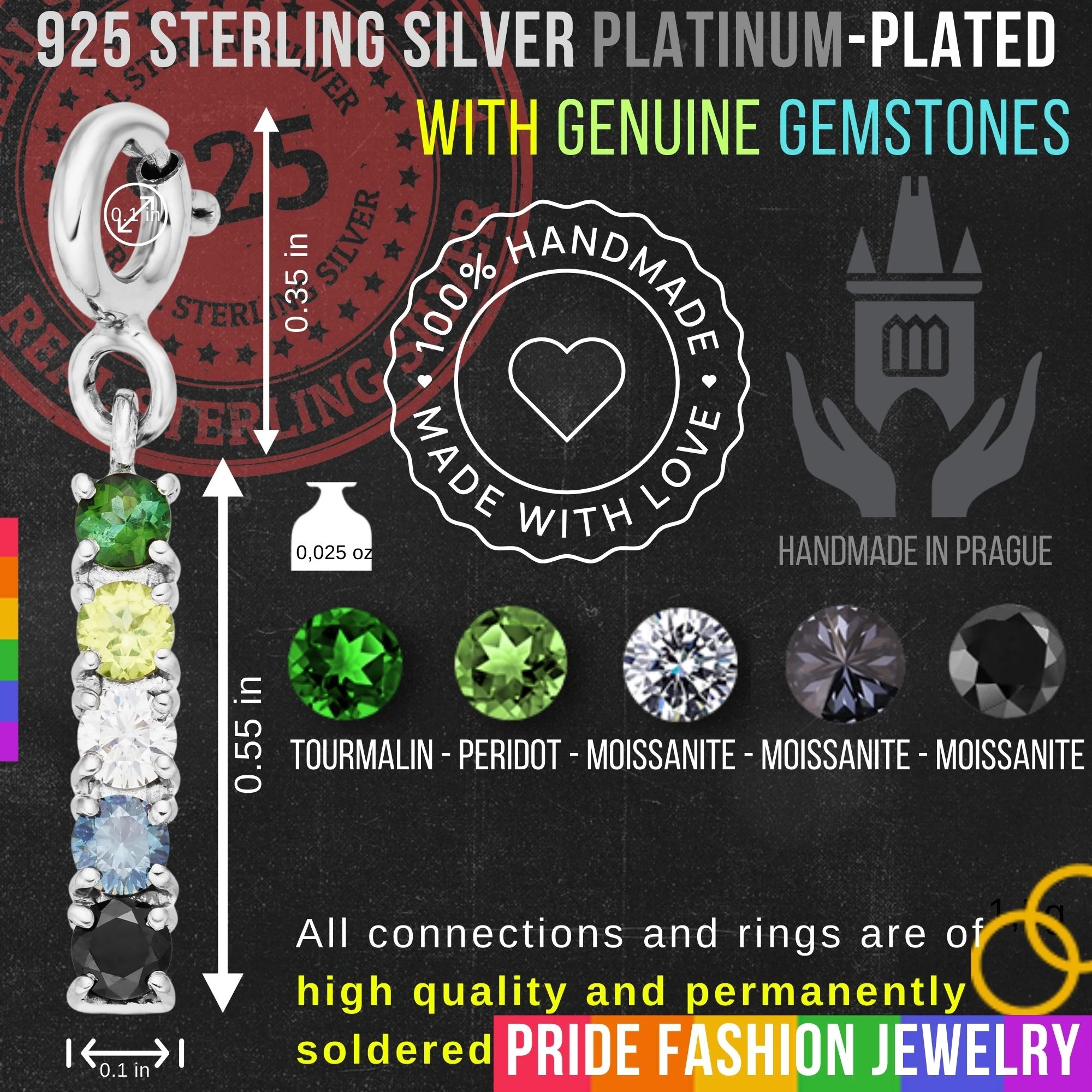 Aromantic 925 Sterling Silver Charm Flag Necklace with Spring Clasp (Platinum Plated) – 5 Gems