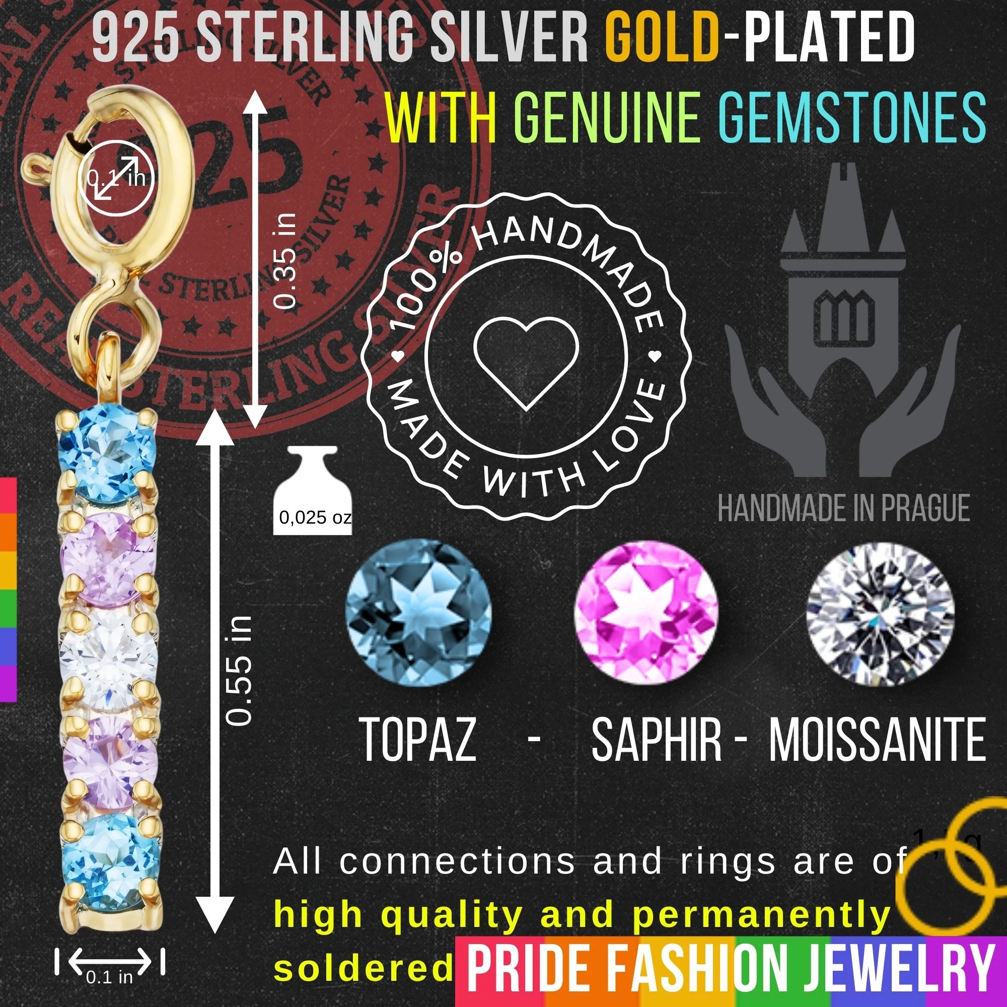 Transgender 925 Sterling Silver Charm Flag Necklace with Spring Clasp (Gold Plated) – 5 Gems