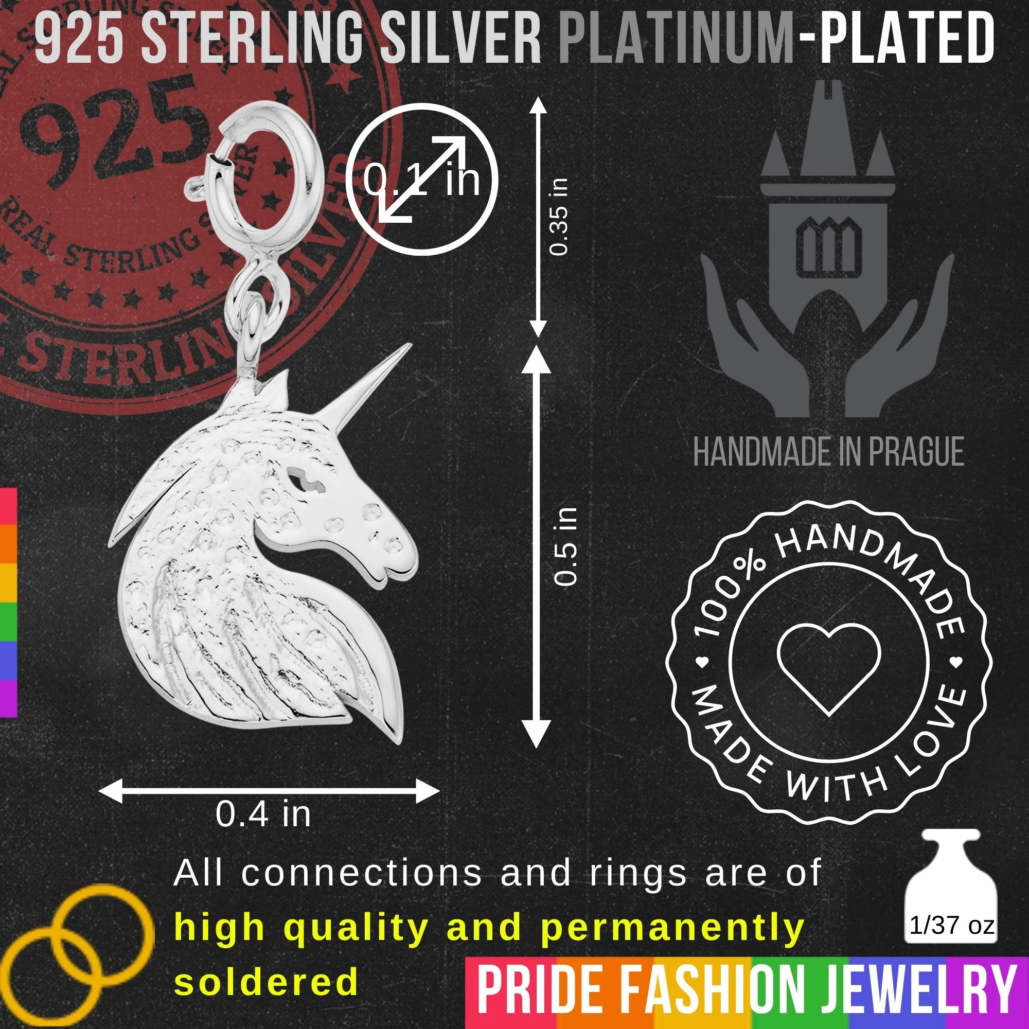 Unicorn 925 Sterling Silver Charm Necklace with Spring Clasp – Small (Platinum Plated)