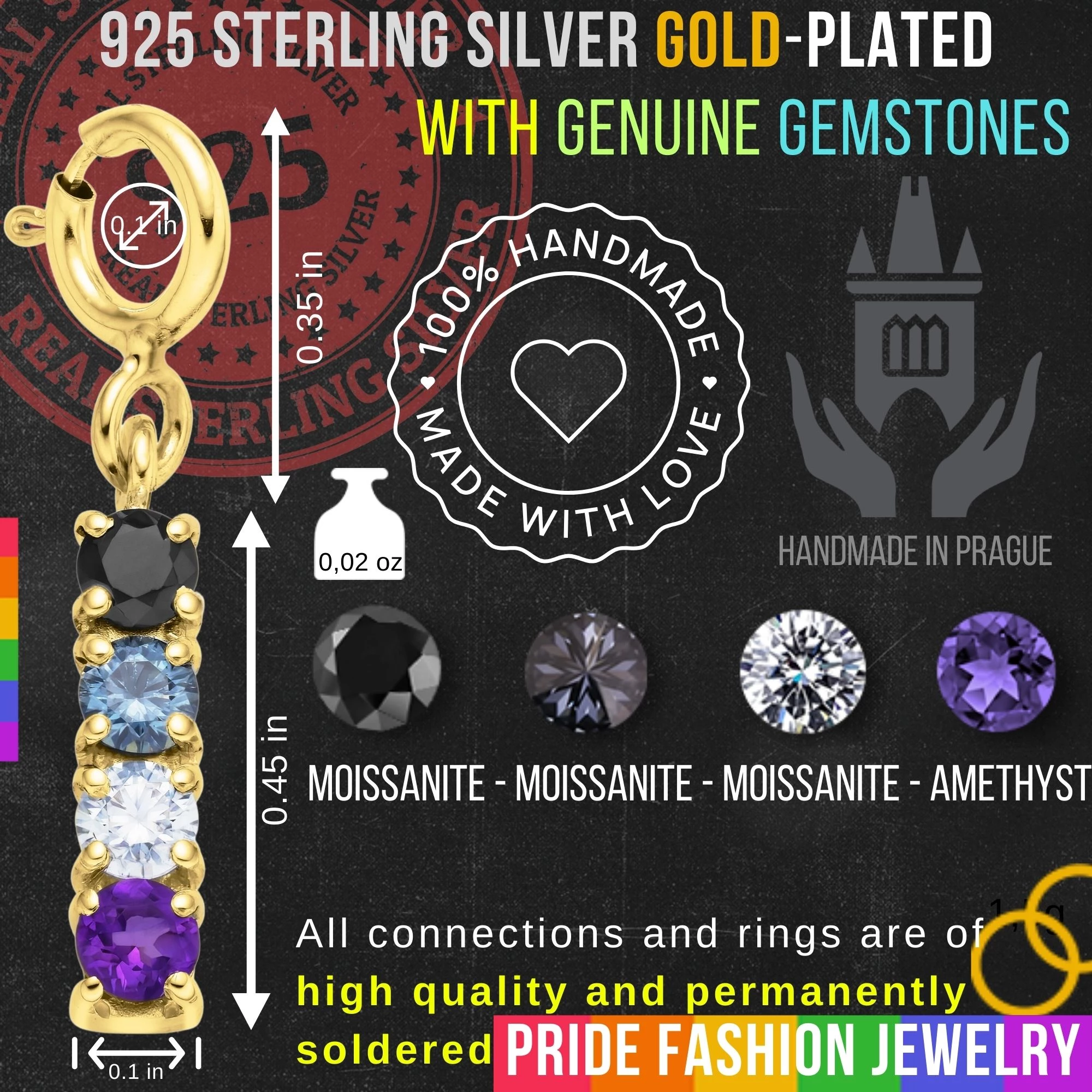 Asexual 925 Sterling Silver Charm Flag Necklace with Spring Clasp (Gold Plated) – 4 Gems