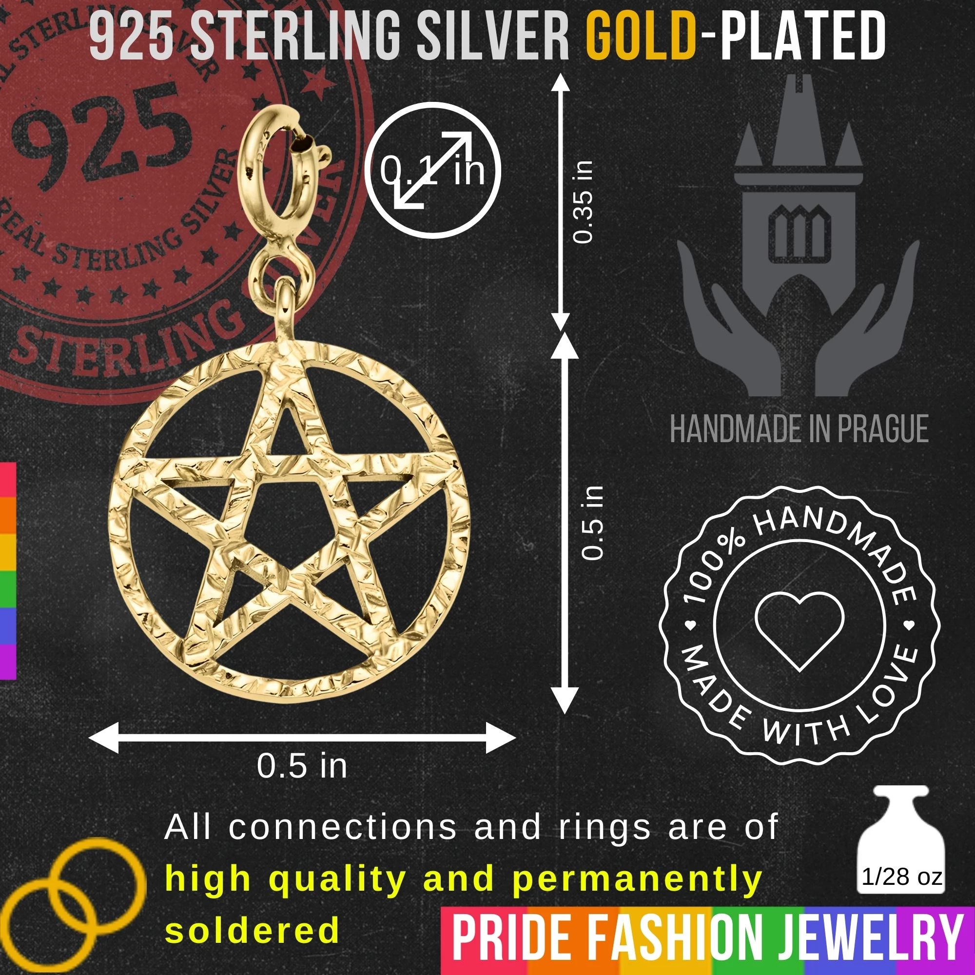 Pentagram 925 Sterling Silver Charm Necklace with Spring Clasp – Small (Gold Plated)
