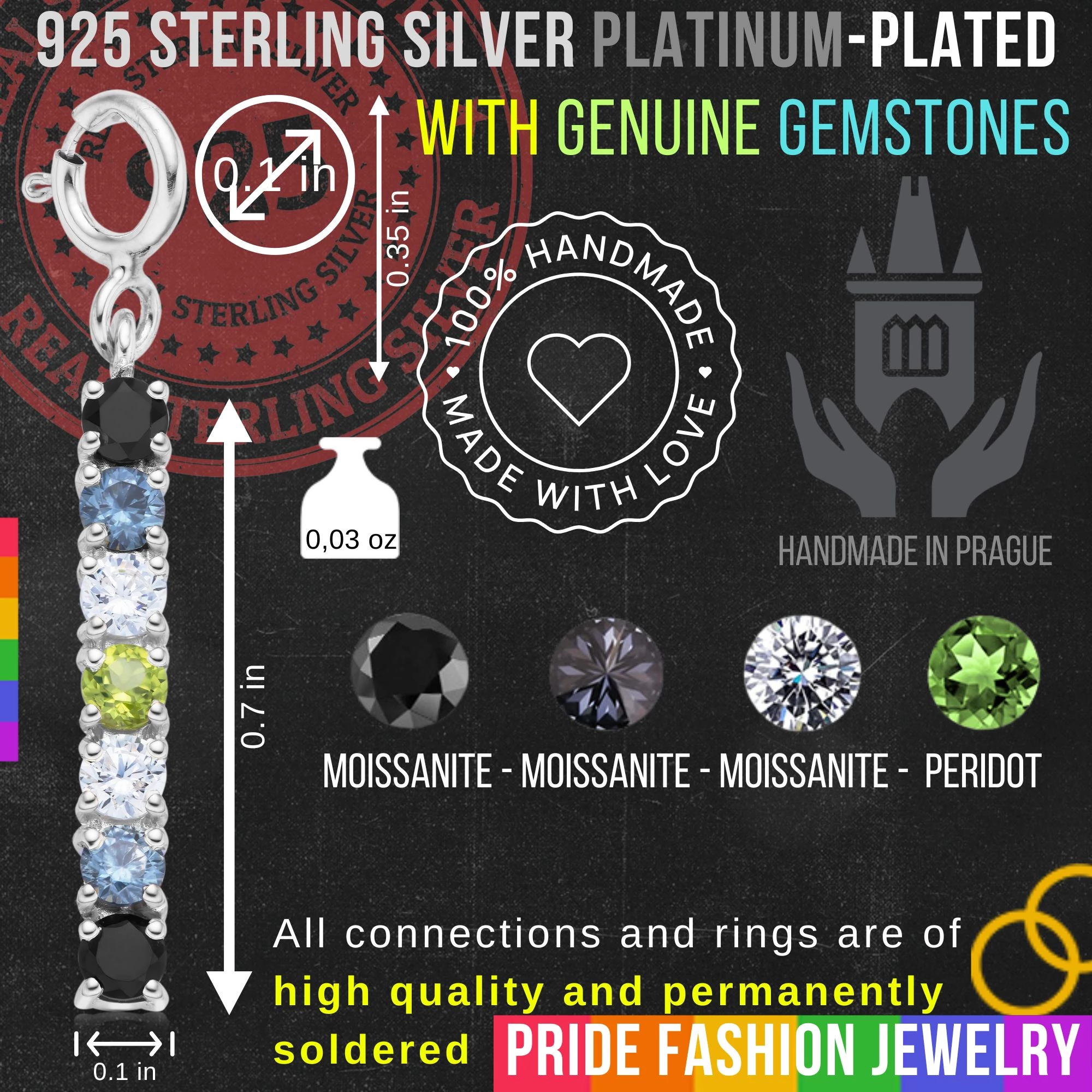 Agender 925 Sterling Silver Charm Flag Necklace with Spring Clasp (Platinum Plated) – 7 Gems