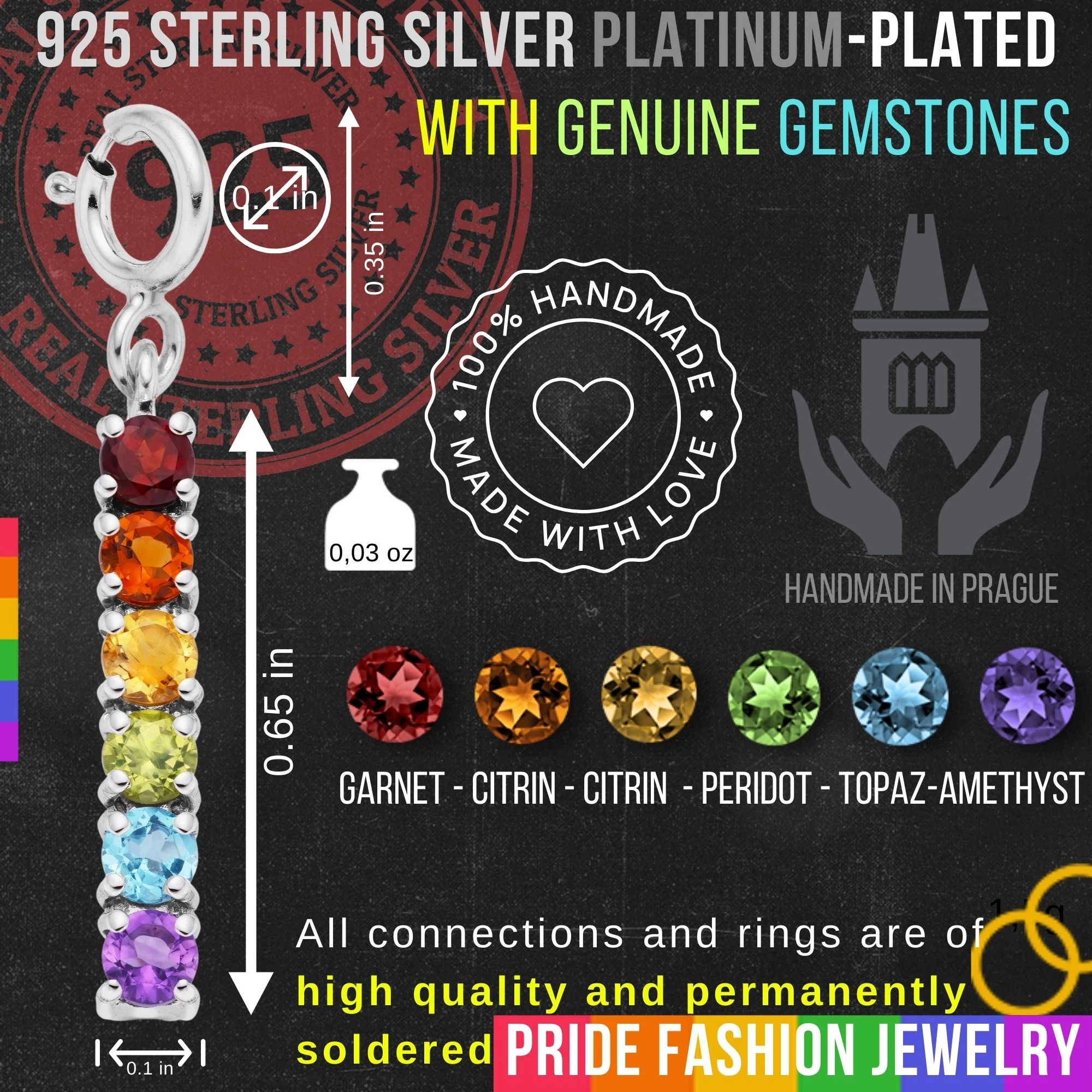 LGBTQ+ 925 Sterling Silver Charm Flag Necklace with Spring Clasp (Platinum Plated) – 6 Gems