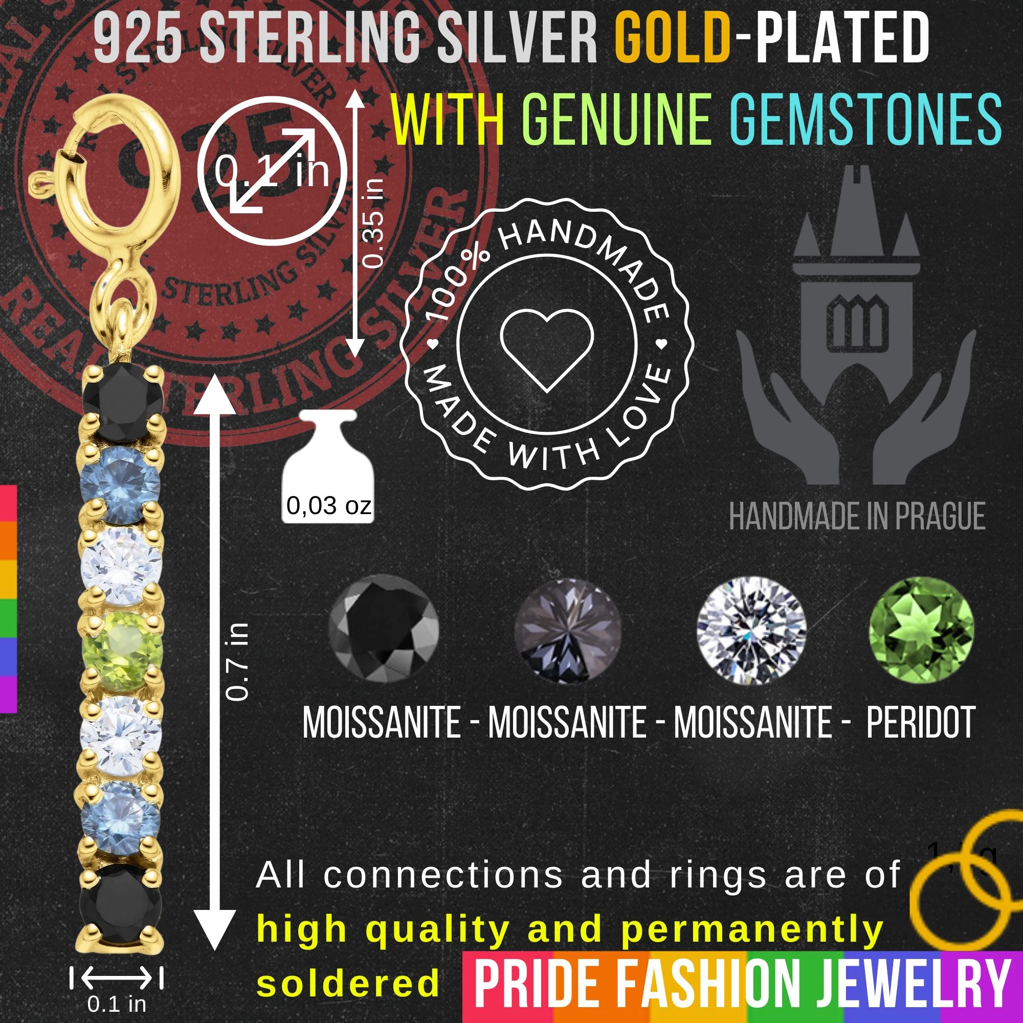 Agender 925 Sterling Silver Charm Flag Necklace with Spring Clasp (Gold Plated) – 7 Gems